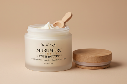 Frosted glass jar of luxury pet paw butter, labeled “Pawsh & Co” at top, “MURUMURU” below in bold serif, “PAWSH BUTTER™” underneath, small paw prints dancing between words, subtitle “Soothing Paw Balm – Lavender + Calendula – 2 oz / 60 mL”, Made in USA text near base, soft neutral beige background, open lid, creamy butter texture visible, wooden scoop beside jar, premium minimalist branding, high-end product photography, clean lighting, elegant.